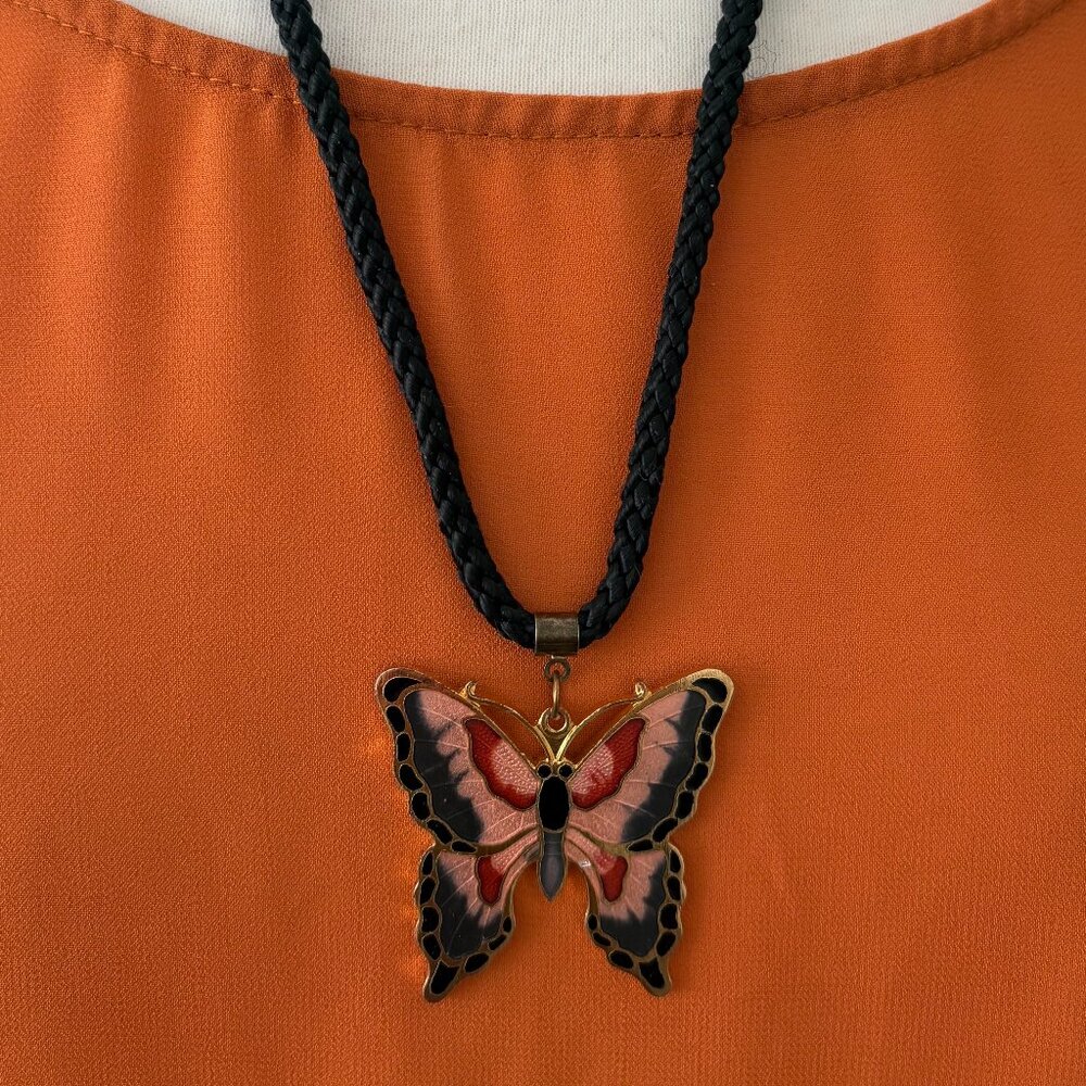 Vintage Cloisonne Butterfly Pendant on 24 Inch Black Cord